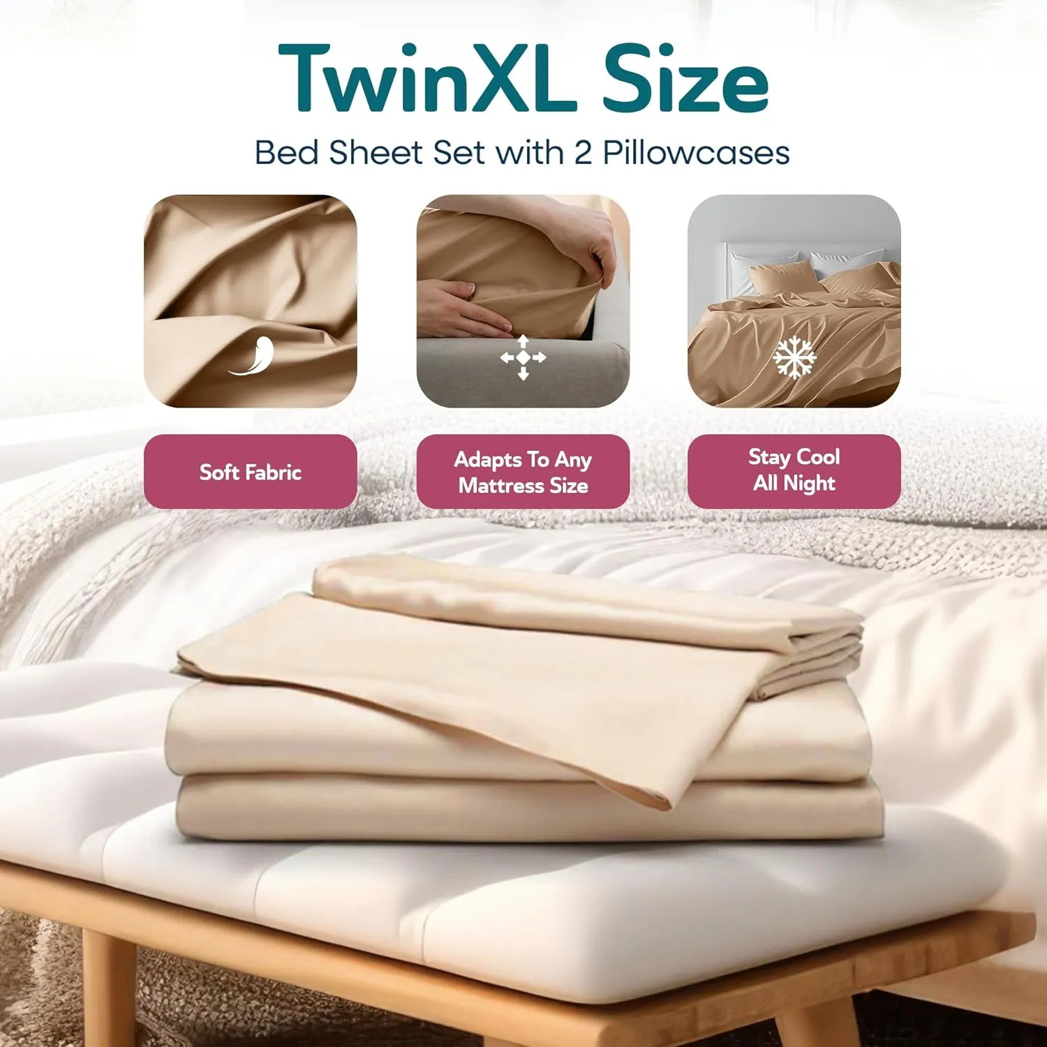Sleepgram Viscose Fiber TwinXL Size Bed Sheet Set with Flat Sheet, Fitted Sheet, and 2 Pillowcases for Comfortable Night's Sleep, Sand