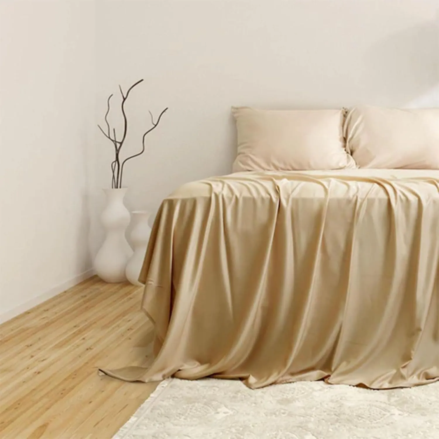 Sleepgram Viscose Fiber TwinXL Size Bed Sheet Set with Flat Sheet, Fitted Sheet, and 2 Pillowcases for Comfortable Night's Sleep, Sand