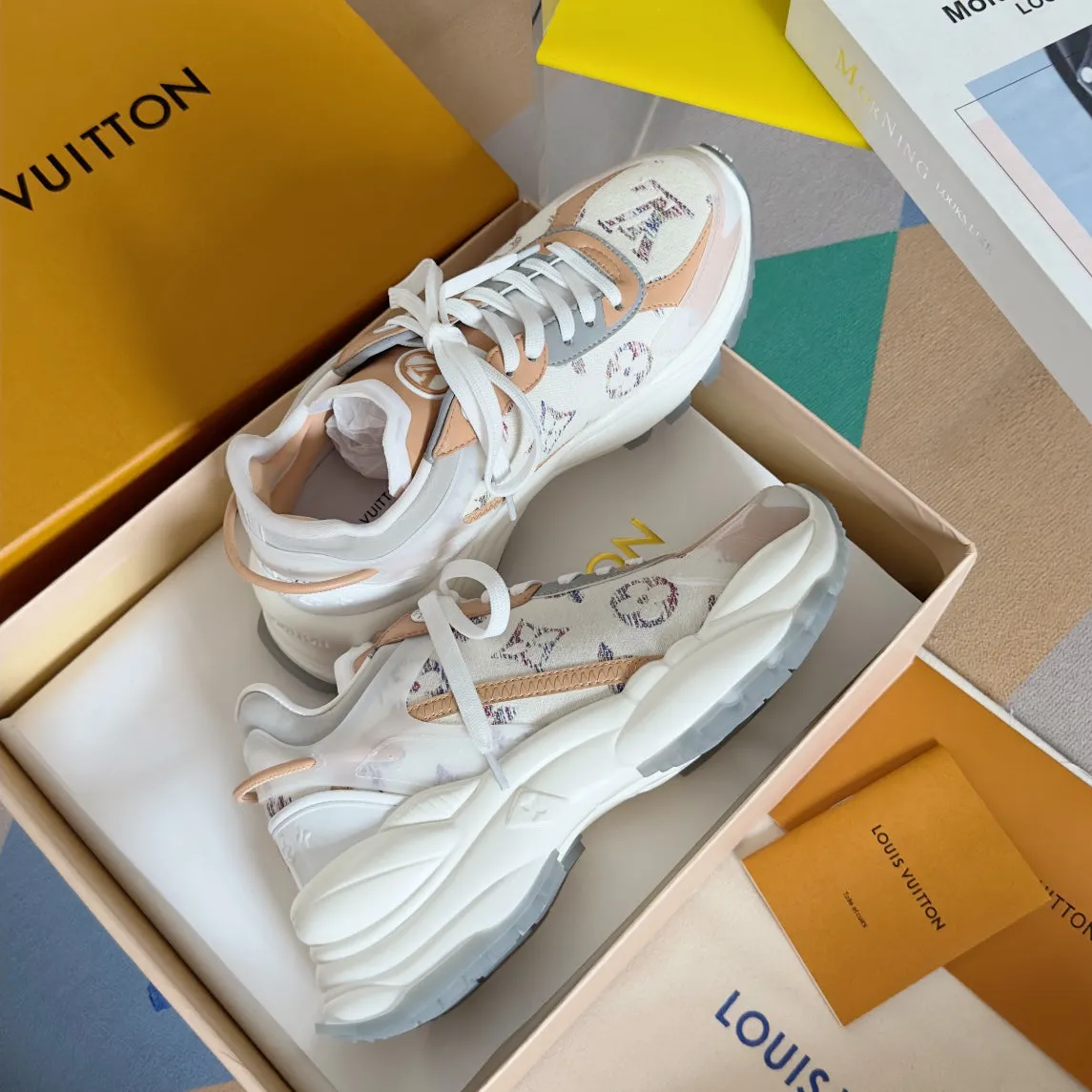 Sneaker Beige 55mm Fabric White Mix Run Jacquard Louis Monogram Vuitton 55 Timely resolution Brown Handcrafted