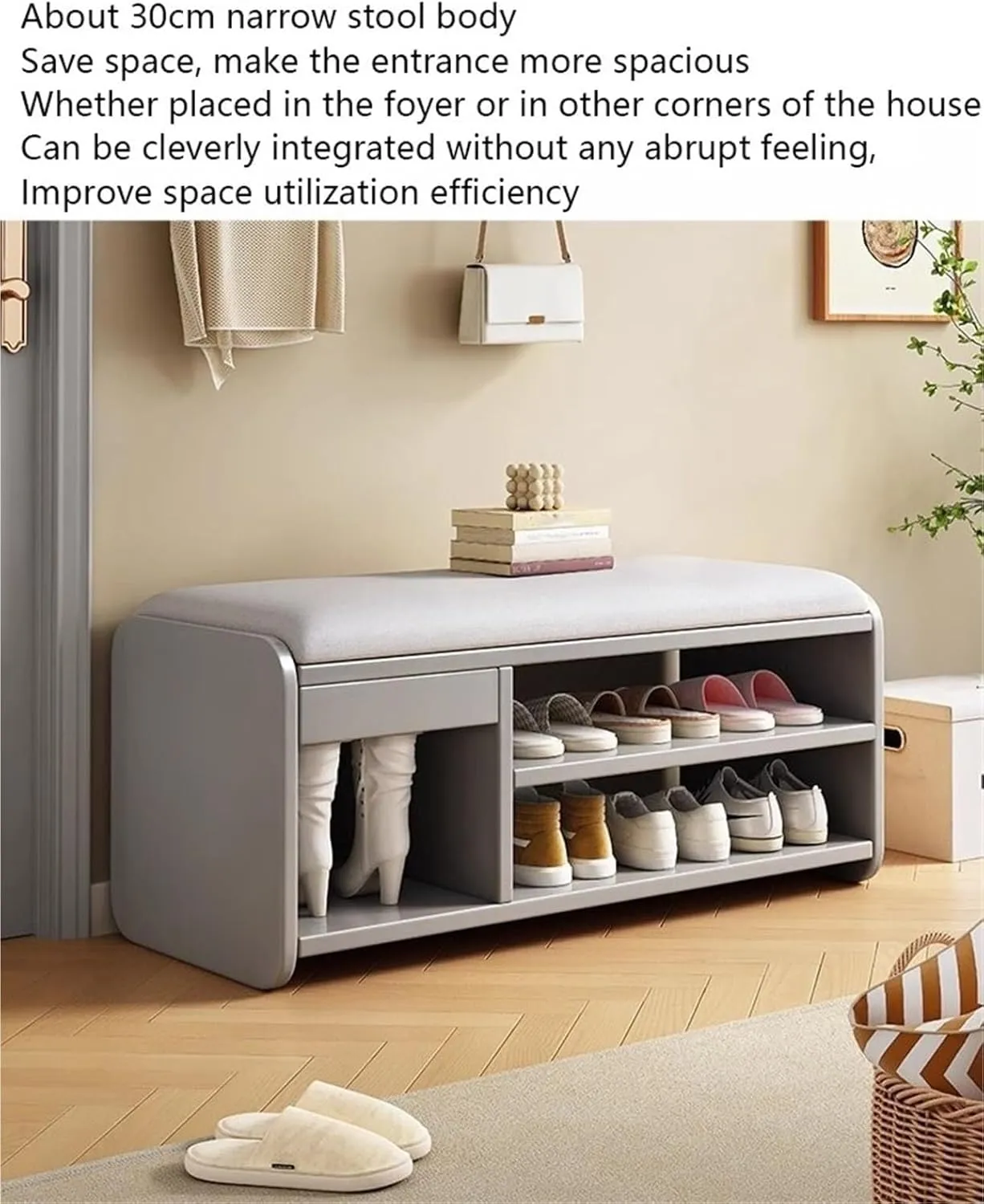 Soft Packed Seat Cushion Shoe Rack Bench with Drawer Shoe Organizer Cabinet with Cushion End of Bed Bench for Footwear,Ideal for Living Room