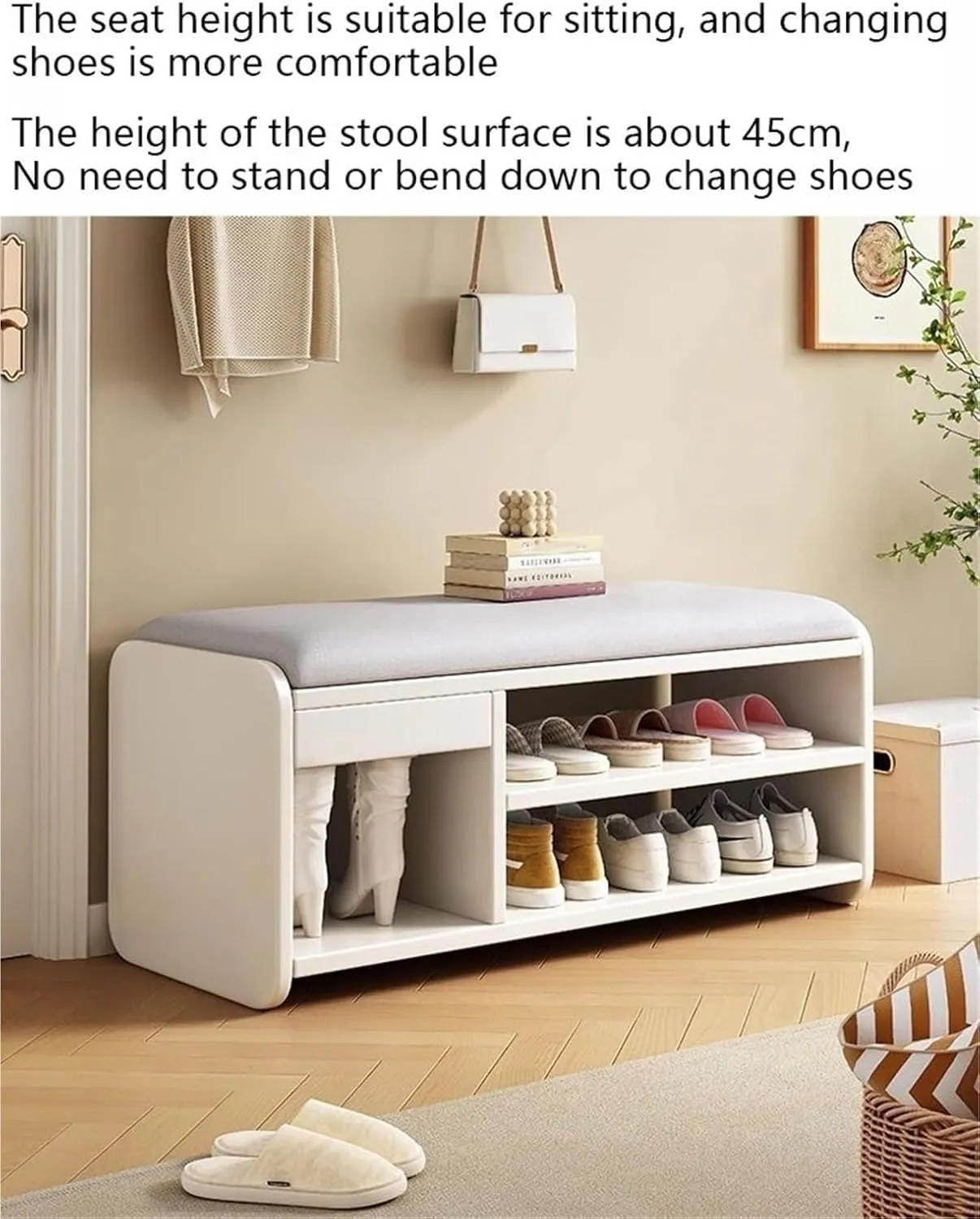 Soft Packed Seat Cushion Shoe Rack Bench with Drawer Shoe Organizer Cabinet with Cushion End of Bed Bench for Footwear,Ideal for Living Room
