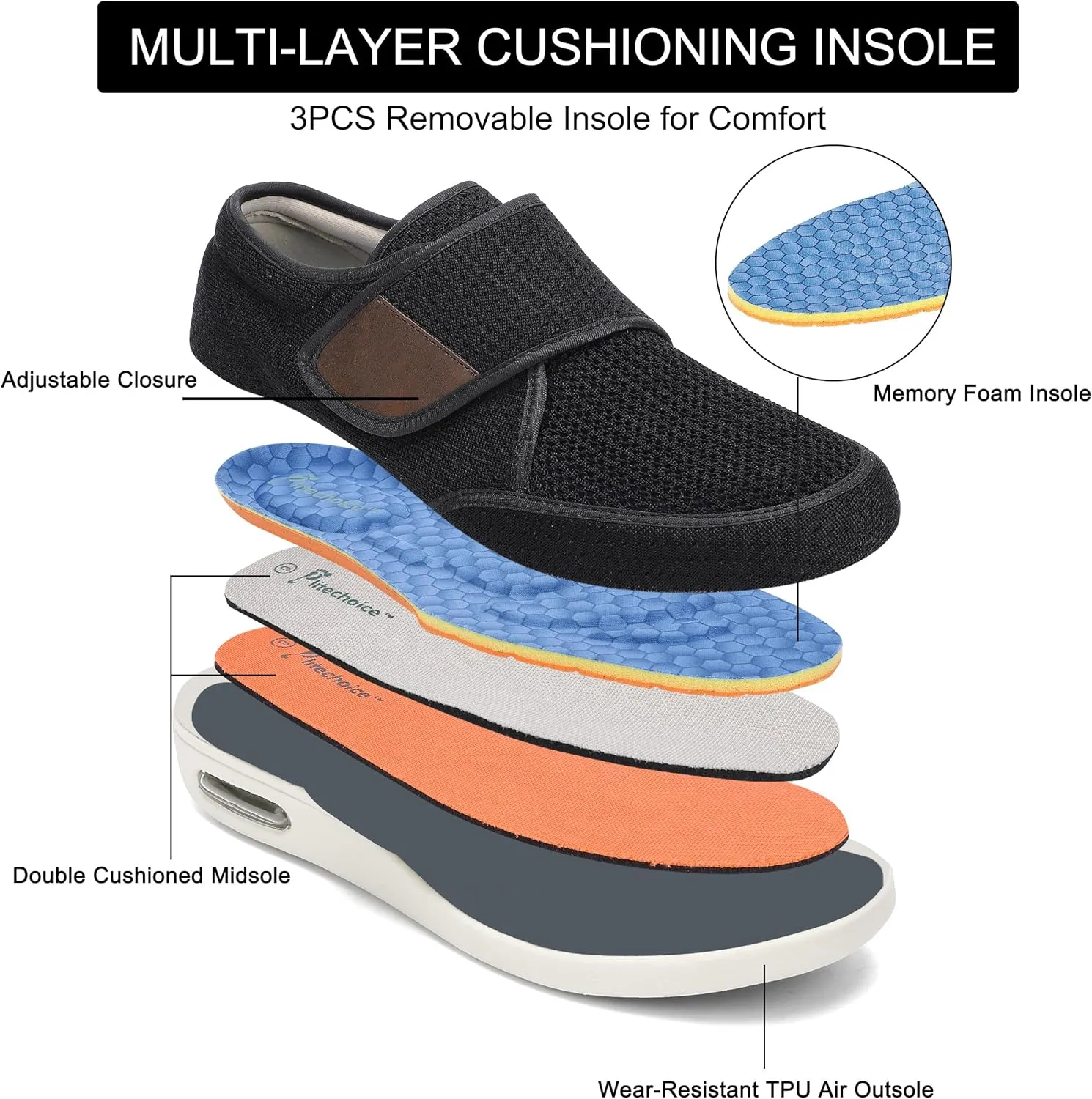 SPR&JOY Diabetic Shoes for Men, Wide Width Elderly Men's Shoes, Adjustable Closure Lightweight Breathable, Swollen Feet Walking Edema Sneakers