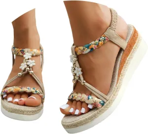 Summer Sandals for Women 2025 Boho,Roman Womens 2025 Low Wedge Heels Comfortable Sandal Espadrille Beach Open Toe Elastic Ankle Strap Walking Shoes Vintage Non Slip Casual Woven Sandals