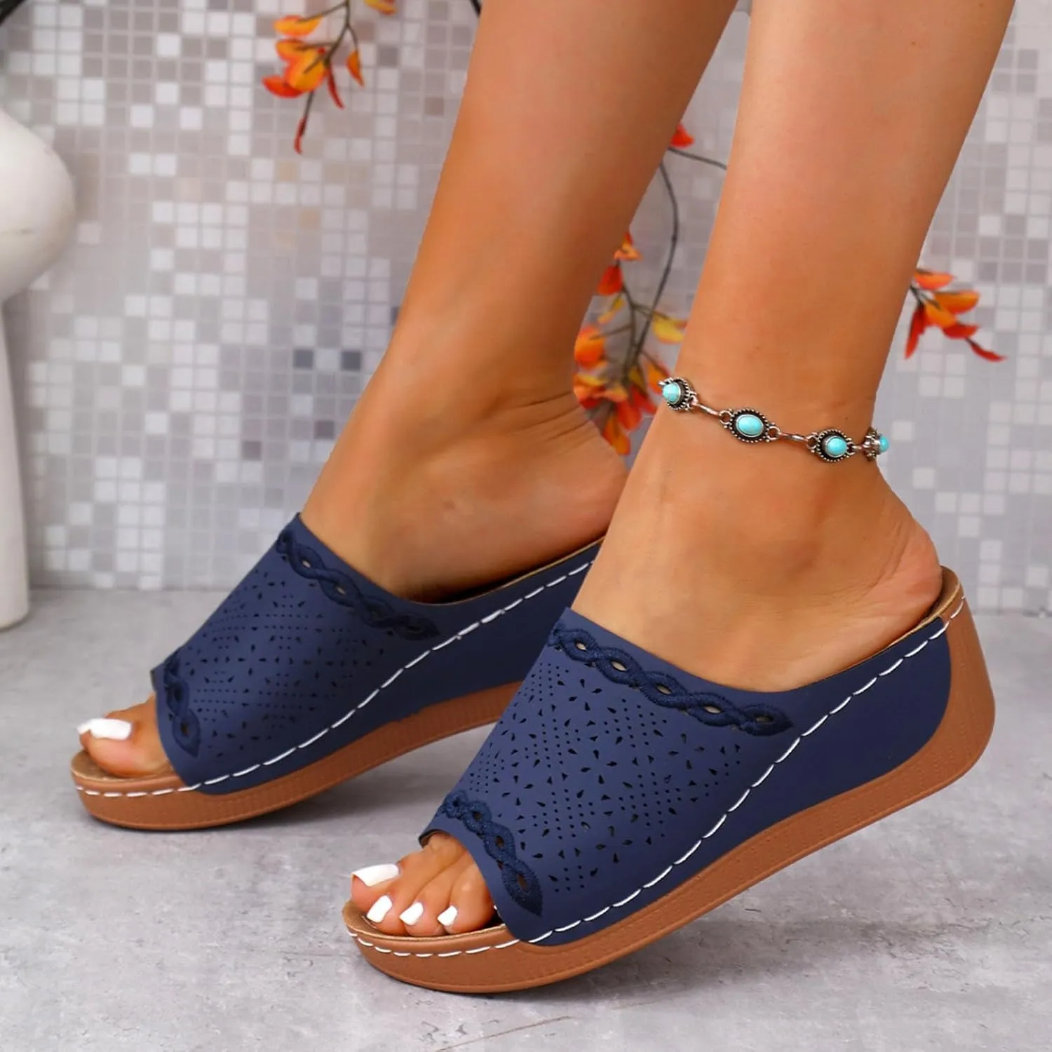Summer Sandals for Women 2025 Platform Wedge Comfortable Arch Support Slides Leather Wedge Shoes Slip Walking Sandals