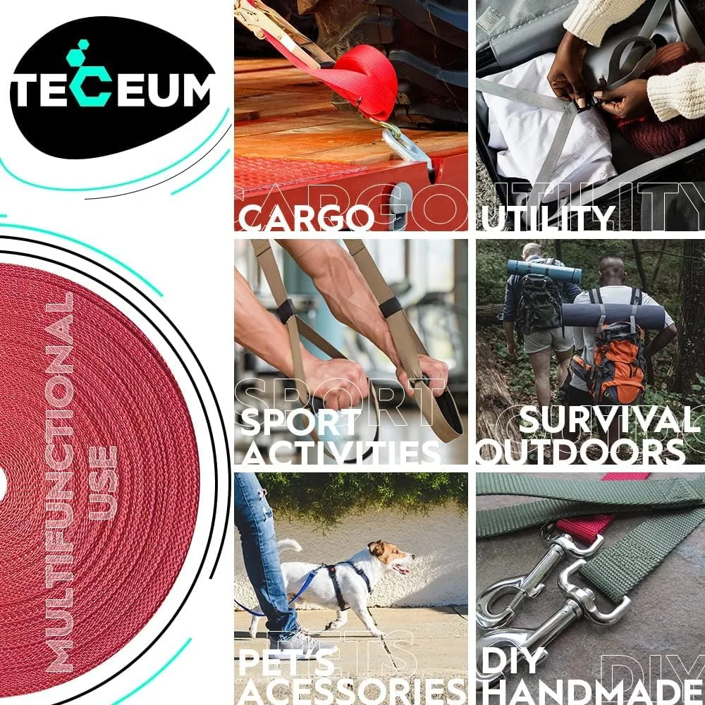 TECEUM 1" & 1.5" & 2" Webbing – 10 25 50 Yards – 40  Colors – Heavy Duty 1 Inch 1.5 Inch 2 Inch Webbing for Climbing Outdoors Indoors Crafting DIY