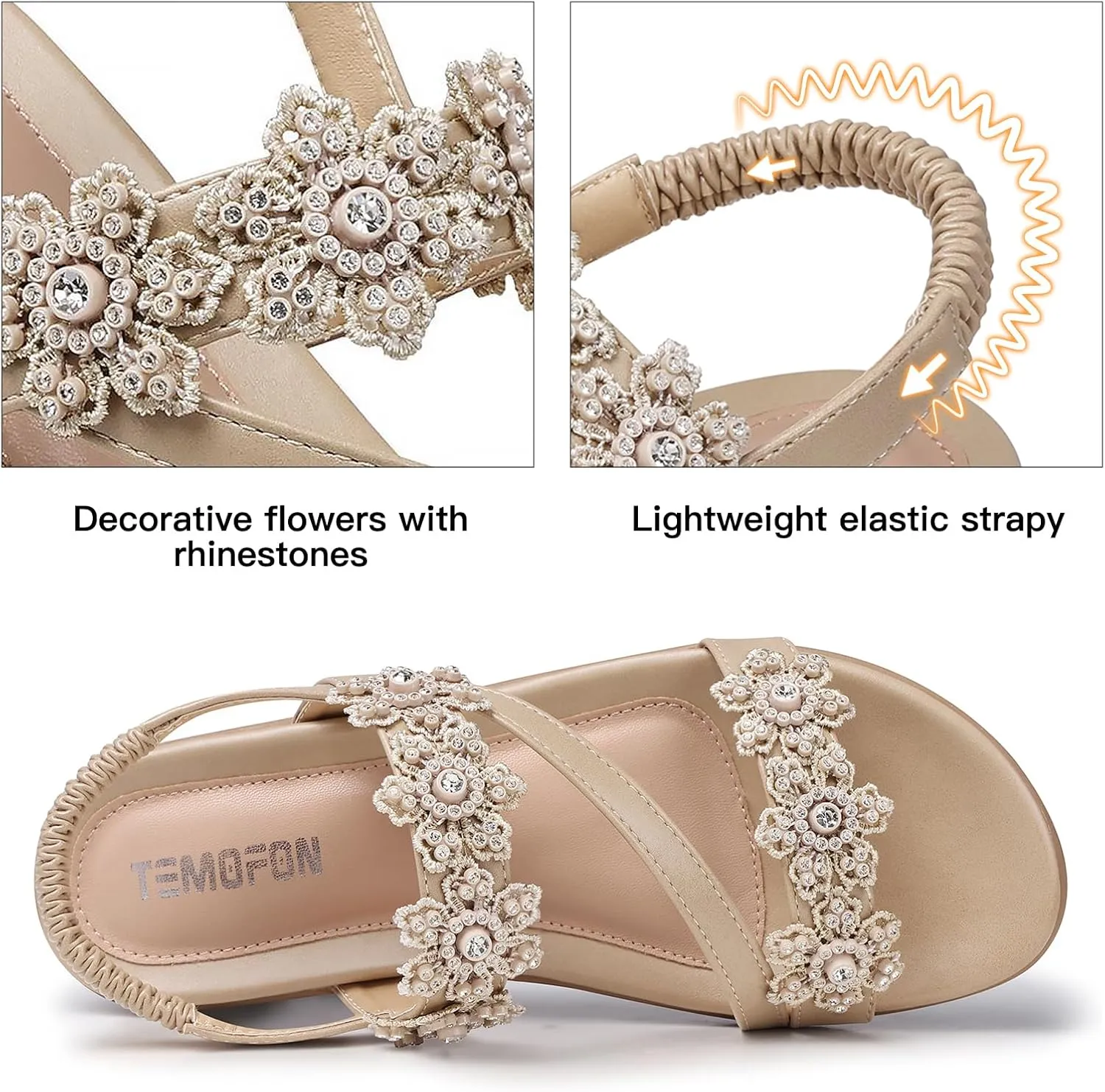 TEMOFON Sandals for Women Flat Dressy: Summer Flower Sandals with Ankle Strap Comfortable Casual Walking Flat Sandals Size 5-11