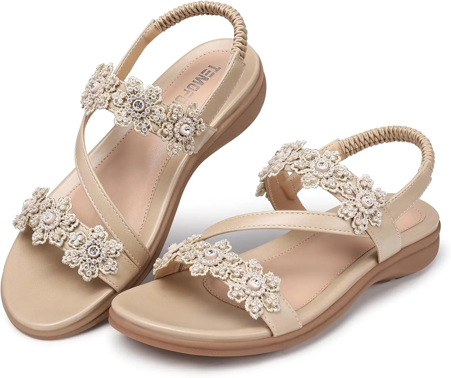 TEMOFON Sandals for Women Flat Dressy: Summer Flower Sandals with Ankle Strap Comfortable Casual Walking Flat Sandals Size 5-11