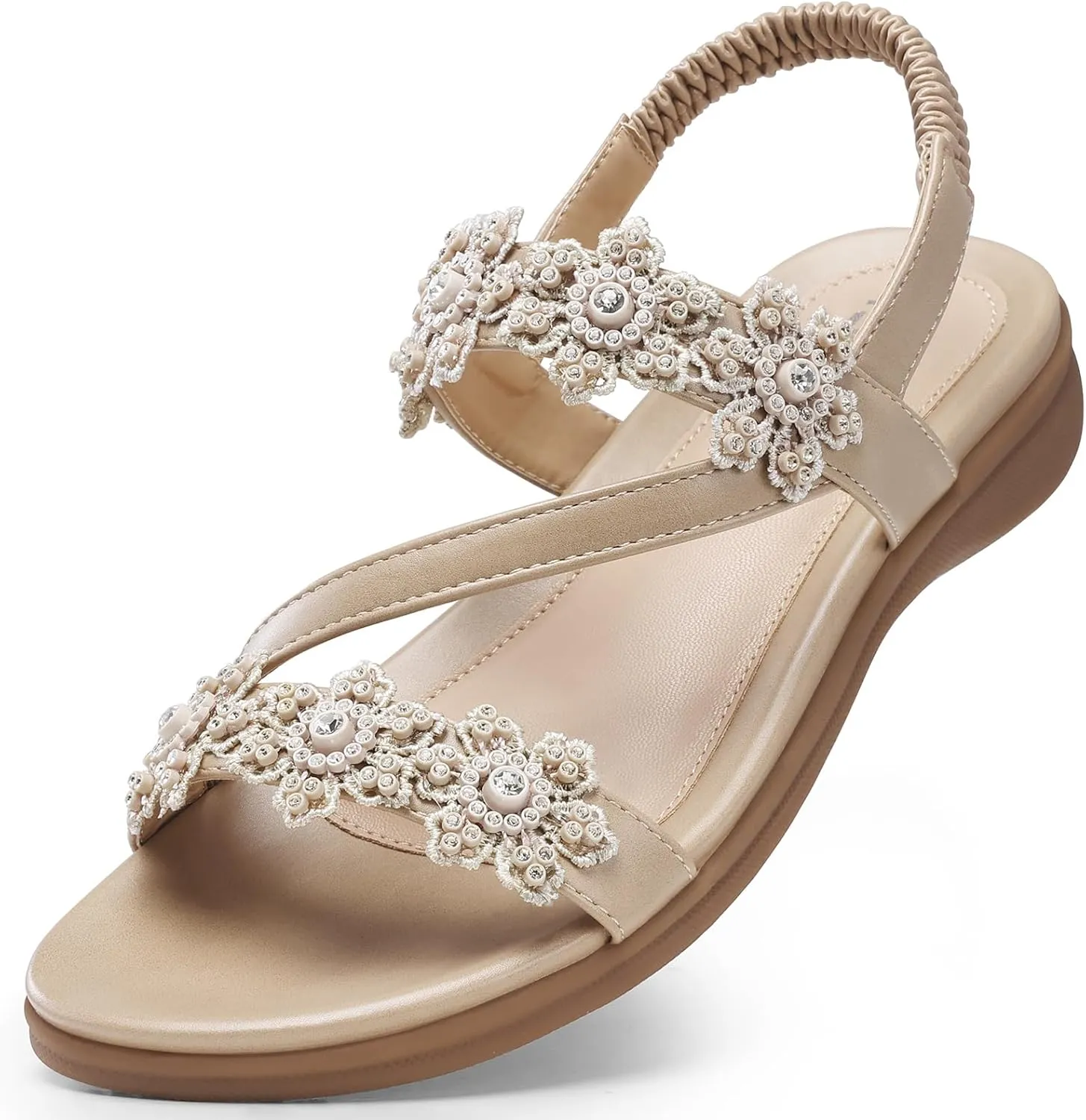 TEMOFON Sandals for Women Flat Dressy: Summer Flower Sandals with Ankle Strap Comfortable Casual Walking Flat Sandals Size 5-11