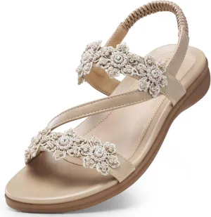 TEMOFON Sandals for Women Flat Dressy: Summer Flower Sandals with Ankle Strap Comfortable Casual Walking Flat Sandals Size 5-11
