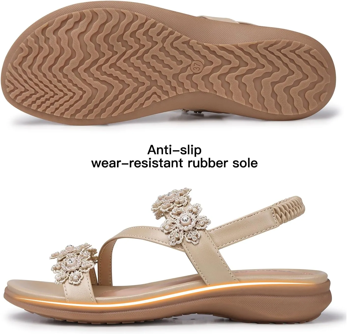 TEMOFON Sandals for Women Flat Dressy: Summer Flower Sandals with Ankle Strap Comfortable Casual Walking Flat Sandals Size 5-11