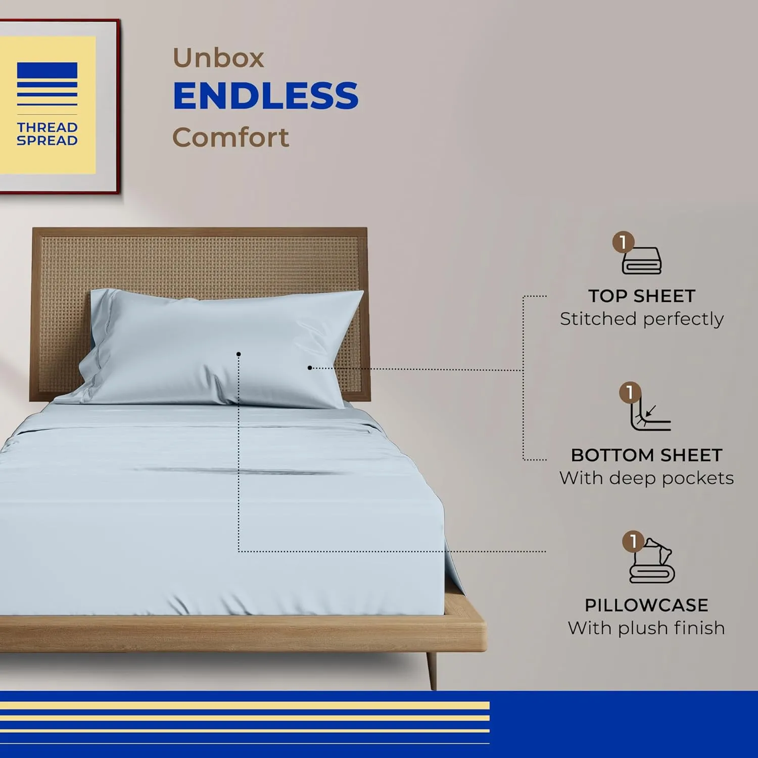THREAD SPREAD 100% Egyptian Cotton Sheets Twin Size Bed Set - 3 PC 800 High Thread Count Egyptian Cotton Twin Sheet Set (Light Blue) Soft, Cooling, 16" Deep Pocket Sateen Weave Luxury Hotel Bedsheet