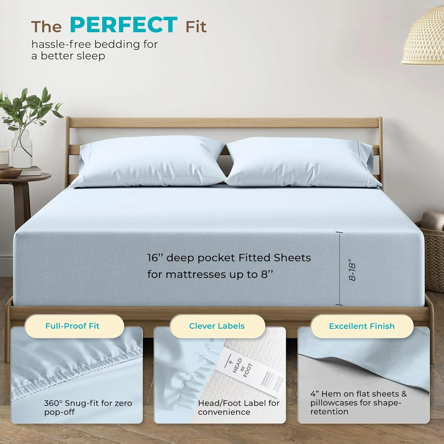 THREAD SPREAD 100% Egyptian Cotton Sheets Twin Size Bed Set - 3 PC 800 High Thread Count Egyptian Cotton Twin Sheet Set (Light Blue) Soft, Cooling, 16" Deep Pocket Sateen Weave Luxury Hotel Bedsheet