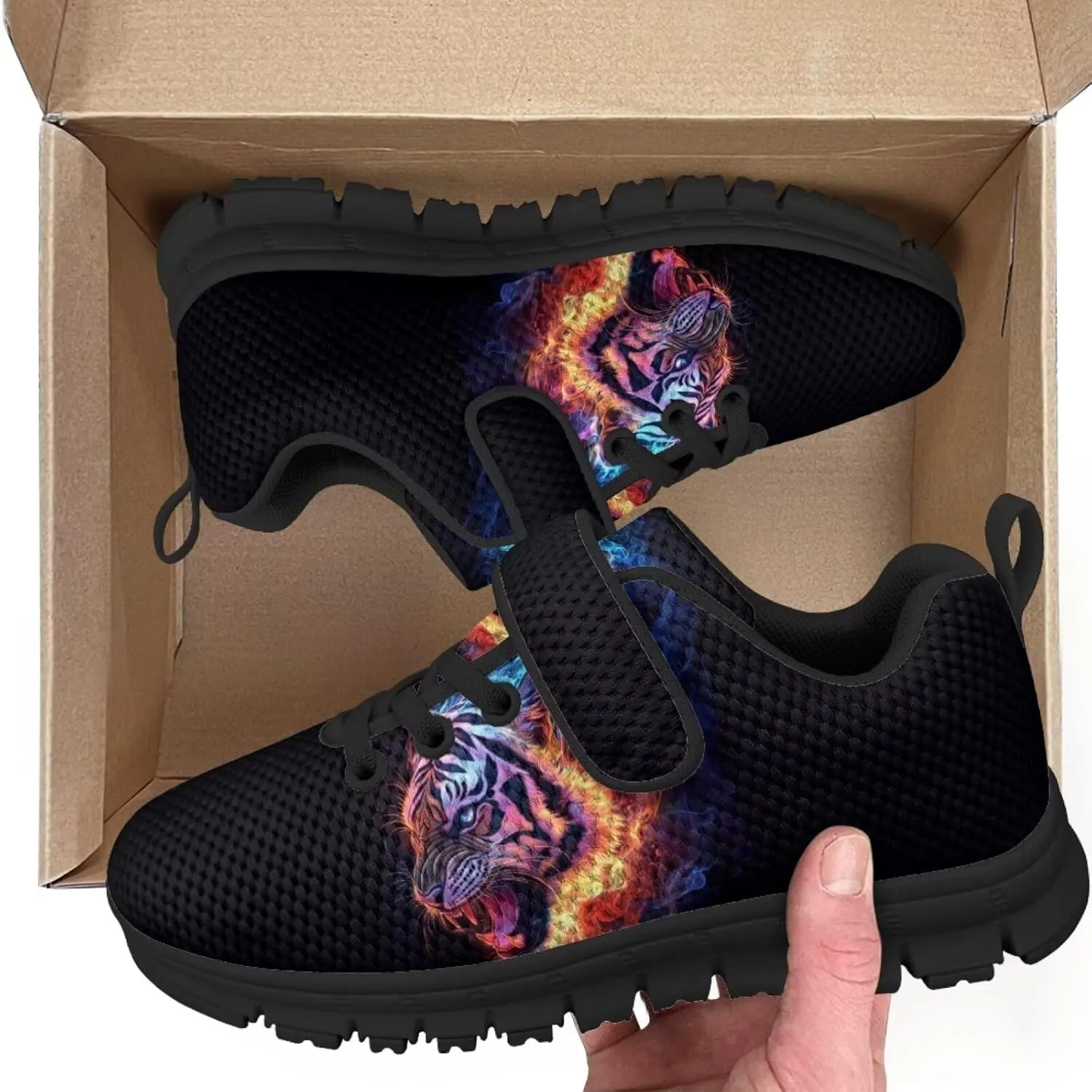 Tiger Print Kids Barefoot Shoes for Little Boys Winter Ankle Running Athletic Walking Strap Sneakers
