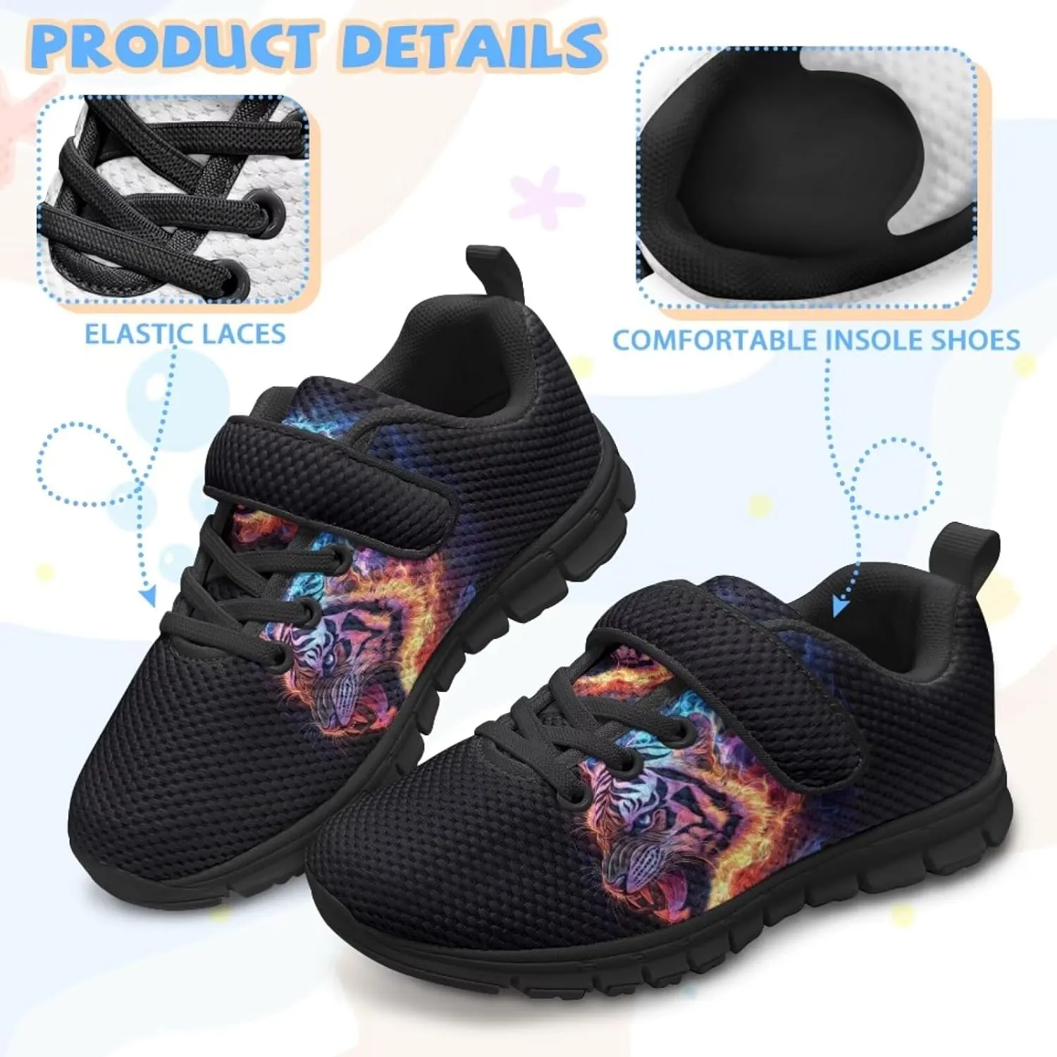 Tiger Print Kids Barefoot Shoes for Little Boys Winter Ankle Running Athletic Walking Strap Sneakers