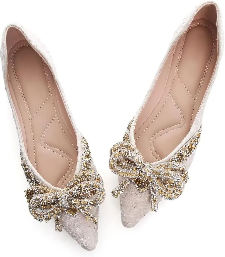 TN TANGNEST Womens Bowknot Ballet Pointed Toe Shiny Dress Shoes Cute Slip On Loafers Comfortable Wedding Flats