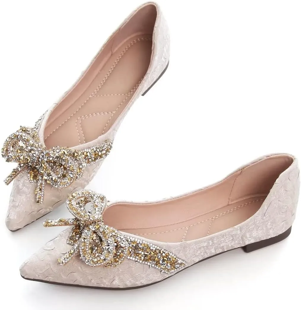 TN TANGNEST Womens Bowknot Ballet Pointed Toe Shiny Dress Shoes Cute Slip On Loafers Comfortable Wedding Flats