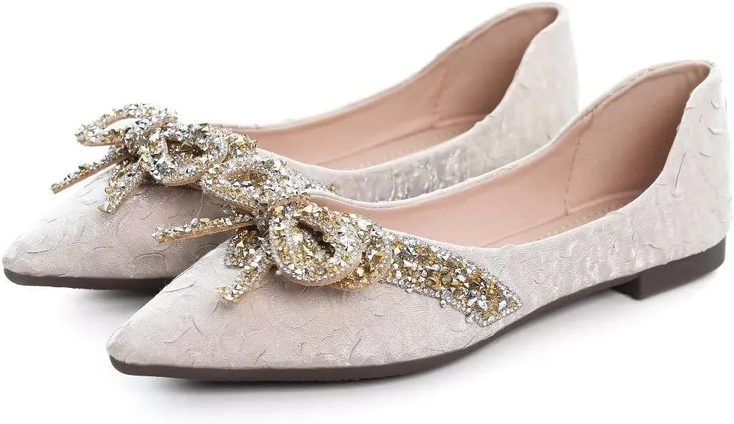 TN TANGNEST Womens Bowknot Ballet Pointed Toe Shiny Dress Shoes Cute Slip On Loafers Comfortable Wedding Flats
