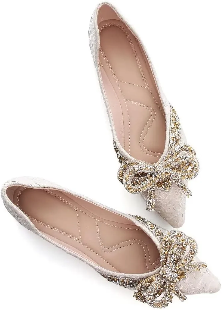 TN TANGNEST Womens Bowknot Ballet Pointed Toe Shiny Dress Shoes Cute Slip On Loafers Comfortable Wedding Flats