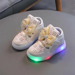 Toddler Girls' LED Light-Up Sneakers with Bowknot - Stylish Gold Shoes for Christmas & Birthdays