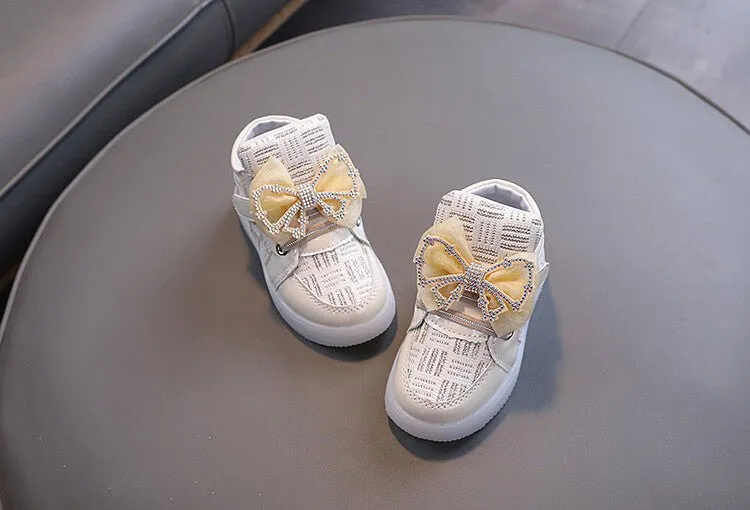 Toddler Girls' LED Light-Up Sneakers with Bowknot - Stylish Gold Shoes for Christmas & Birthdays