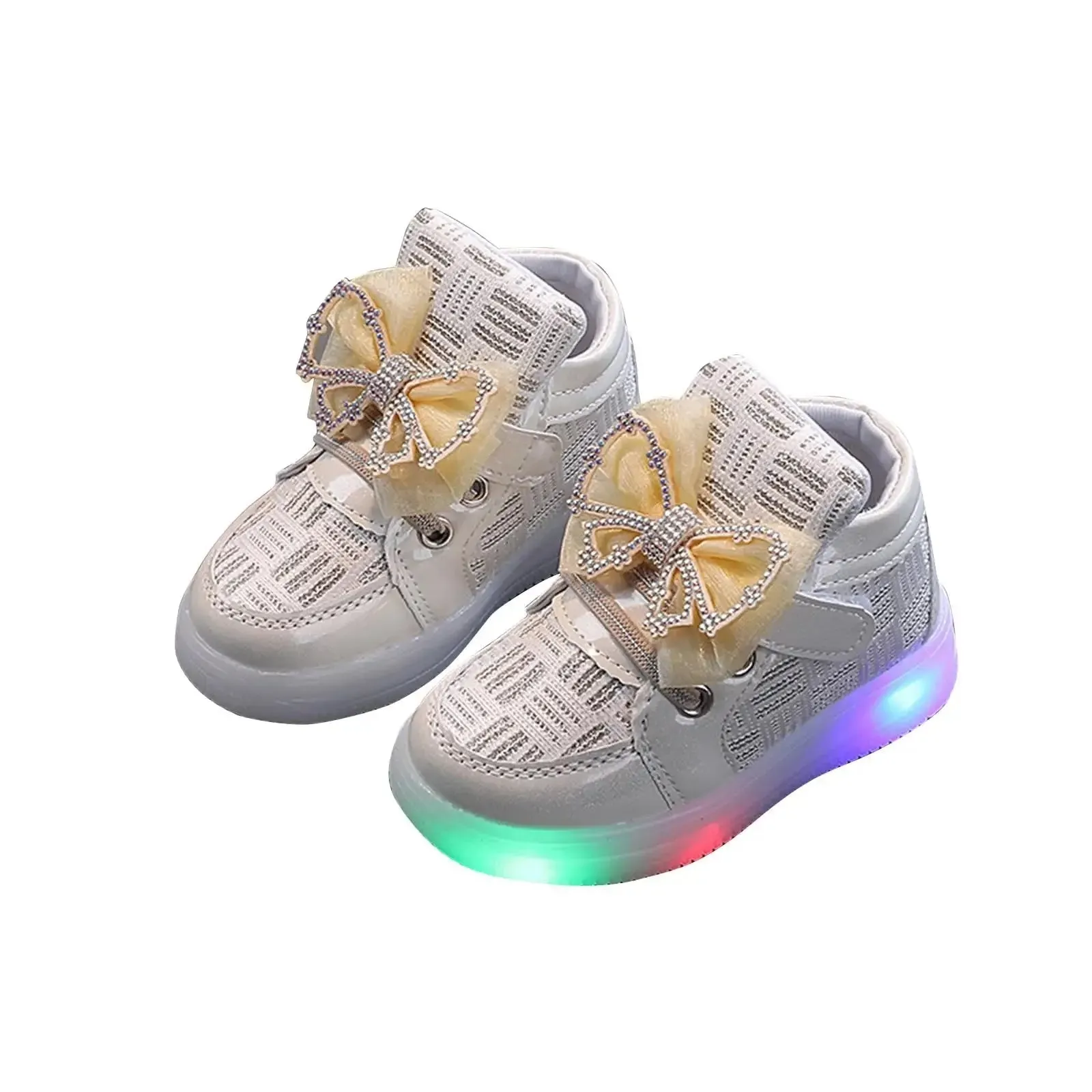 Toddler Girls' LED Light-Up Sneakers with Bowknot - Stylish Gold Shoes for Christmas & Birthdays