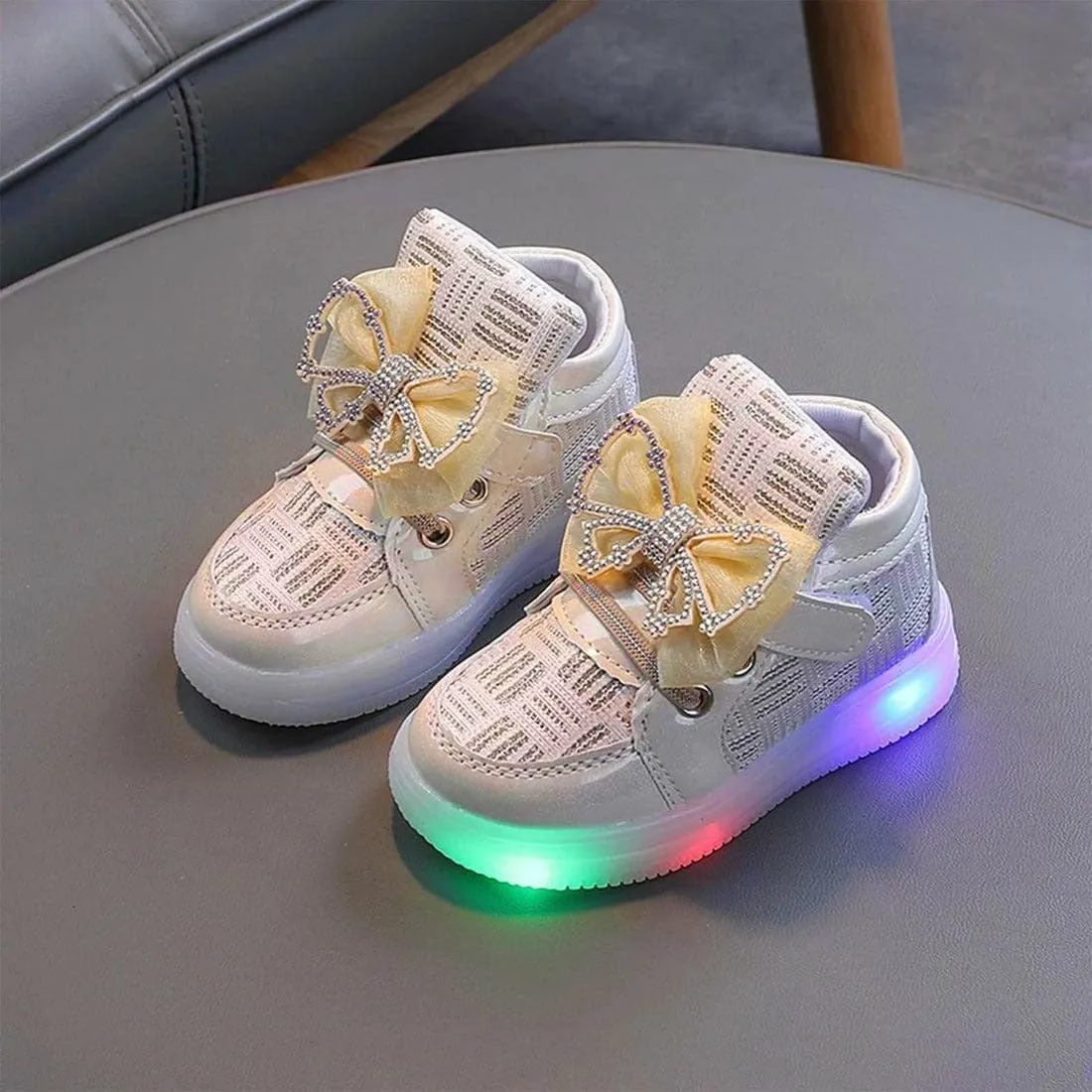 Toddler Girls' LED Light-Up Sneakers with Bowknot - Stylish Gold Shoes for Christmas & Birthdays