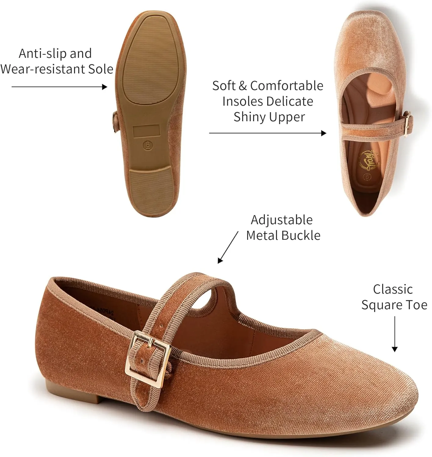 Trary Women's Ballet Flats,Square Toe Velvet Mary Jane Shoes Women,Comfortable Dress Shoes for Women Dressy