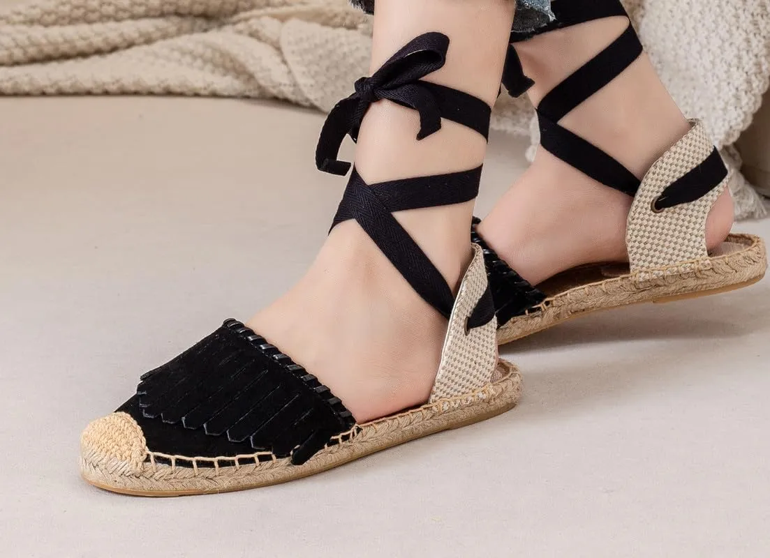 U-lite Women's Espadrille FLat Sandals Closed Toe Ankle Wrap,Classic Lace Up Summer Dressy Flat Shoes