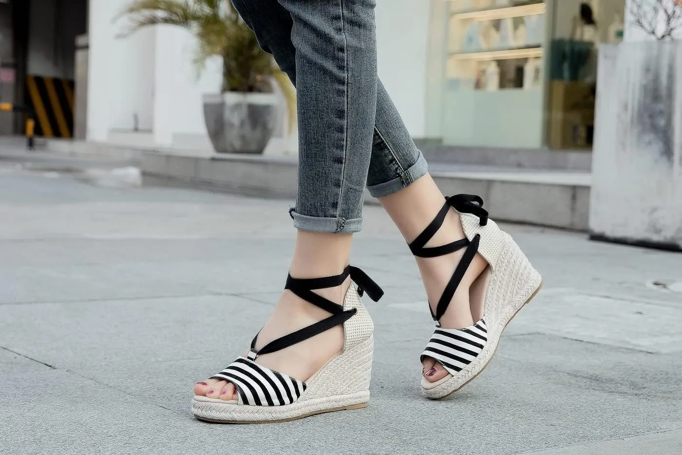 U-lite Womens Platform Wedge Open Toe Ankle Wrap Espadrille Sandals