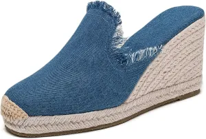 U-lite Womens Platform Wedge Sandals Espadrilles Slip On Dress Summer Mule Slippers Shoes Blue 9.5
