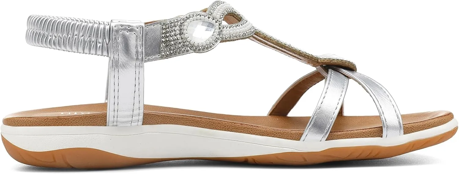 UBFEN Flat Sandals For Women Dressy Walking Comfortable Sandal With Rhinestone Braid Elastic Strap Summer Vacation