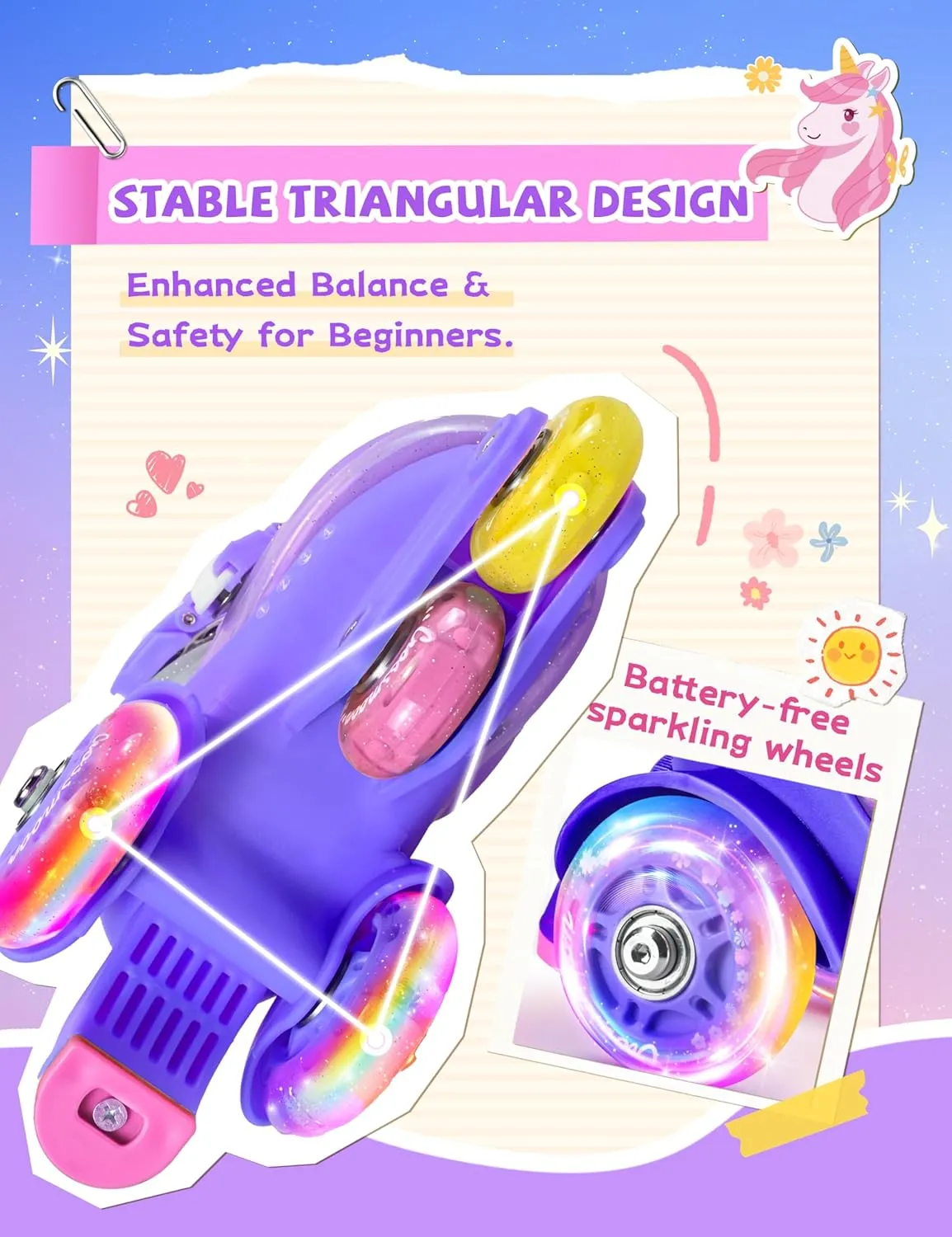 Unicorn Toddler Roller Skates, Kids Training Safety Tripple Protection Roller Skates with 4 Adjustable Sizes, Fun Light-Up Wheels, Little Girls' Fancy Gift