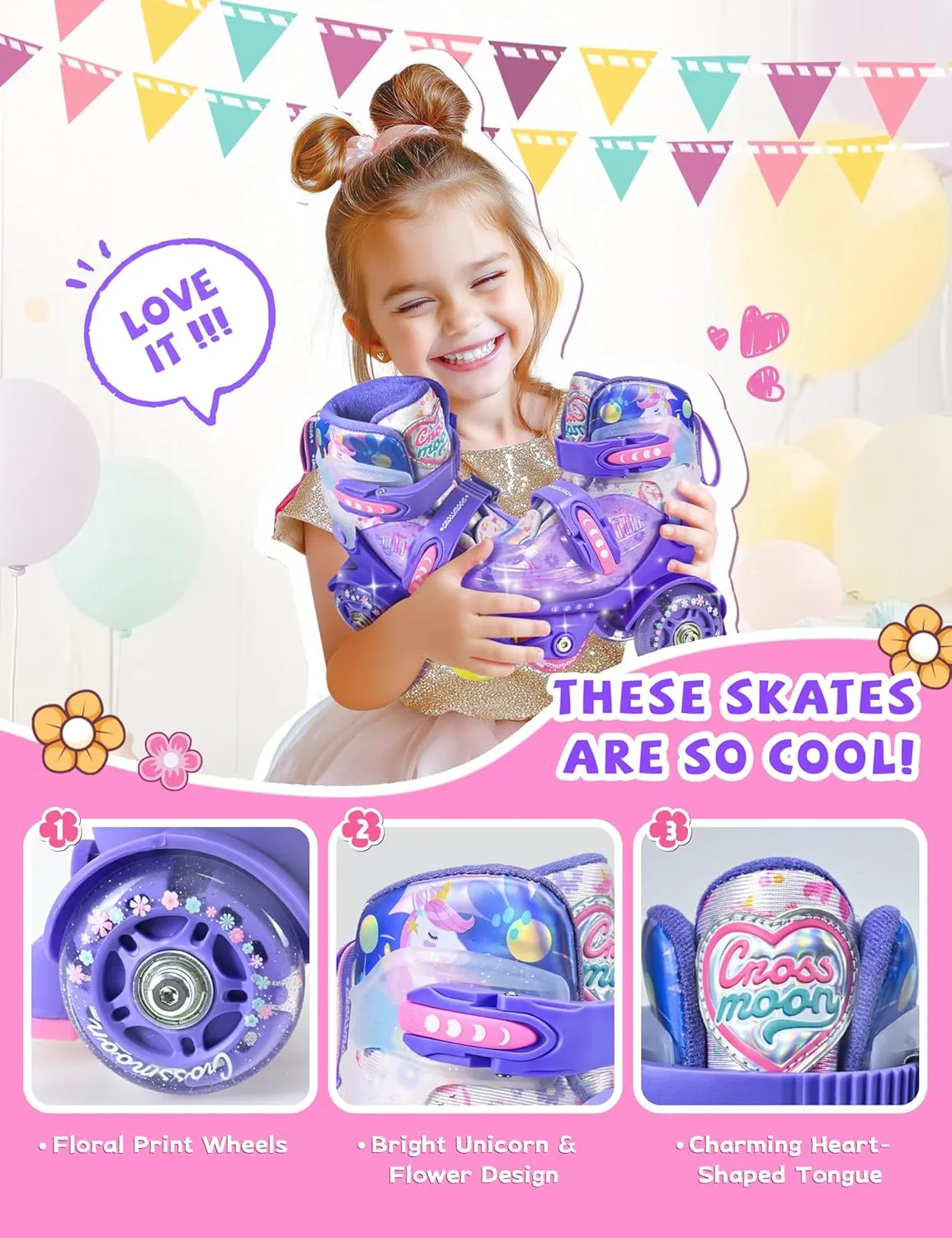 Unicorn Toddler Roller Skates, Kids Training Safety Tripple Protection Roller Skates with 4 Adjustable Sizes, Fun Light-Up Wheels, Little Girls' Fancy Gift