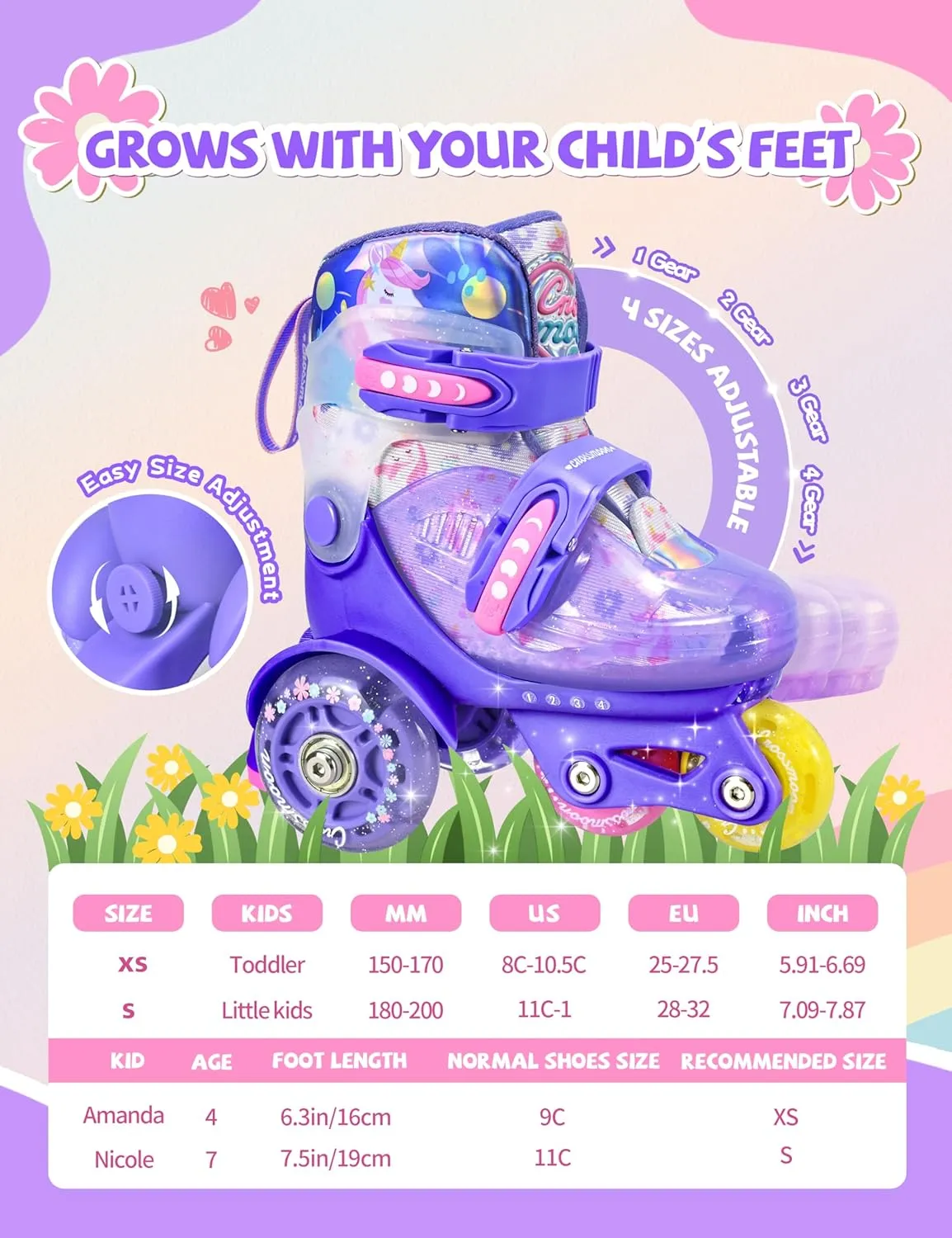 Unicorn Toddler Roller Skates, Kids Training Safety Tripple Protection Roller Skates with 4 Adjustable Sizes, Fun Light-Up Wheels, Little Girls' Fancy Gift