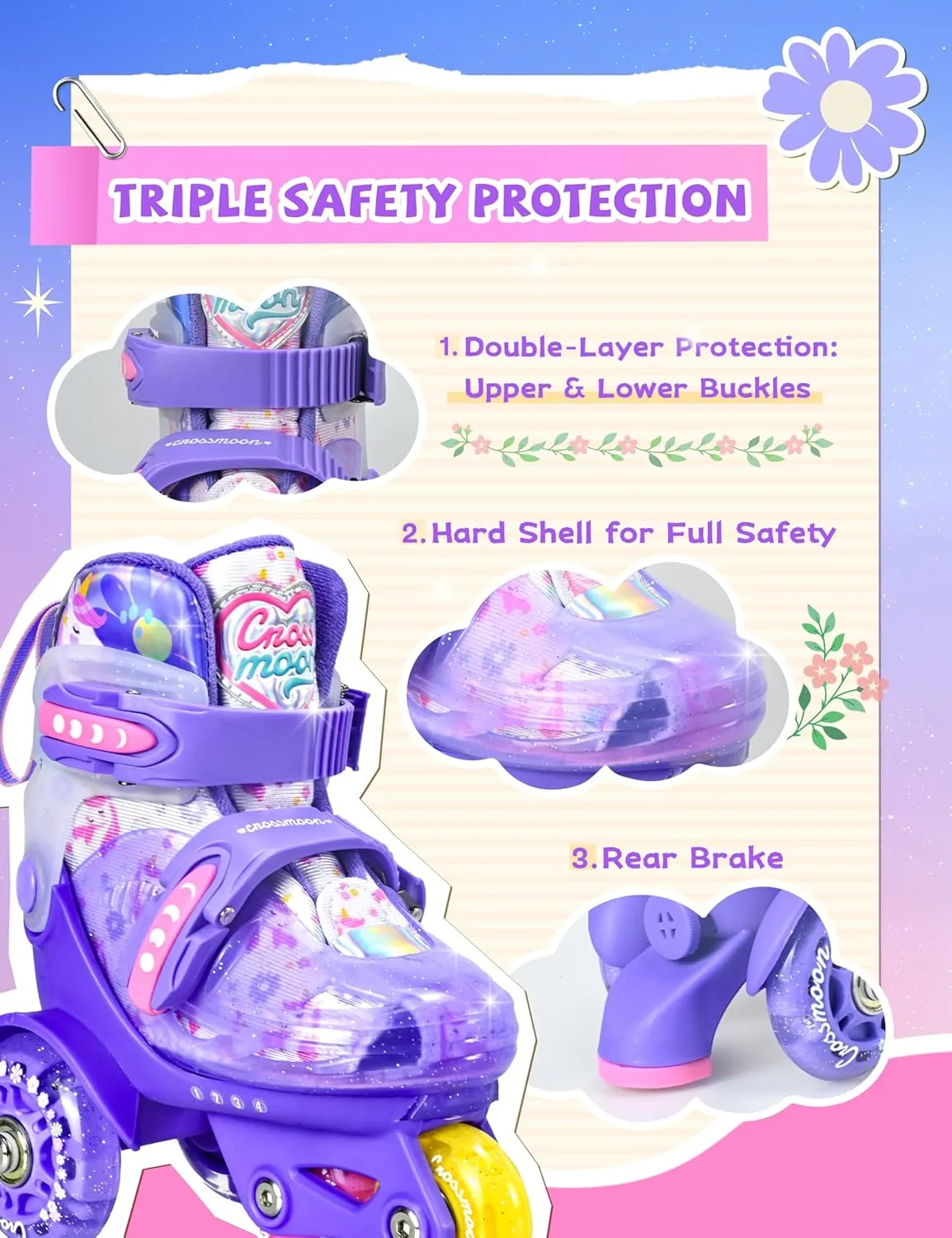 Unicorn Toddler Roller Skates, Kids Training Safety Tripple Protection Roller Skates with 4 Adjustable Sizes, Fun Light-Up Wheels, Little Girls' Fancy Gift