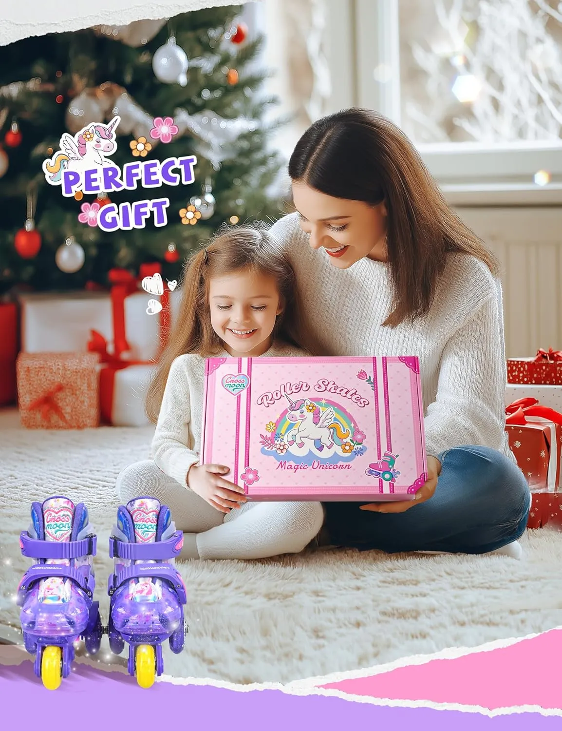 Unicorn Toddler Roller Skates, Kids Training Safety Tripple Protection Roller Skates with 4 Adjustable Sizes, Fun Light-Up Wheels, Little Girls' Fancy Gift
