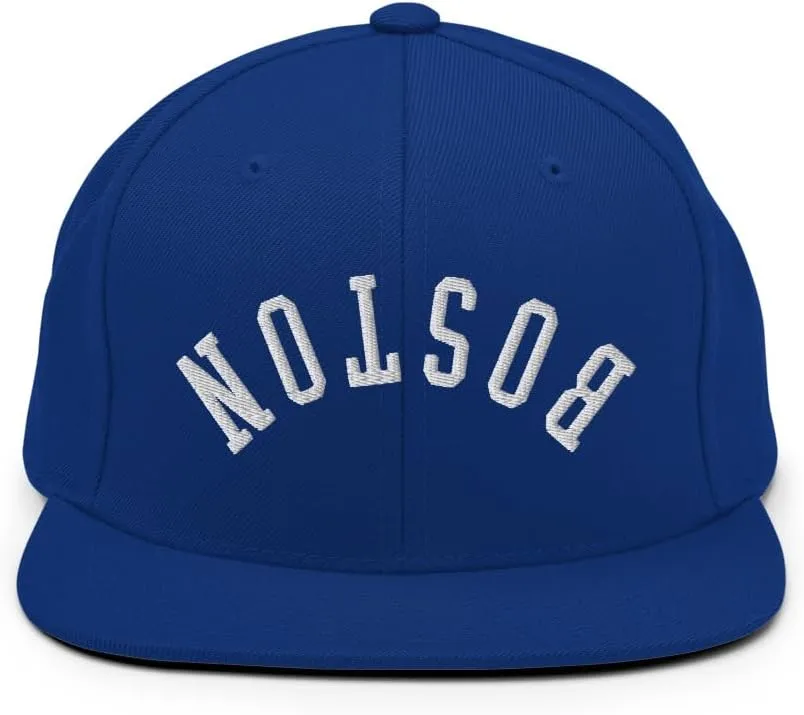 Upside Down Boston Embroidered Flat Bill Brim Snapback Hat
