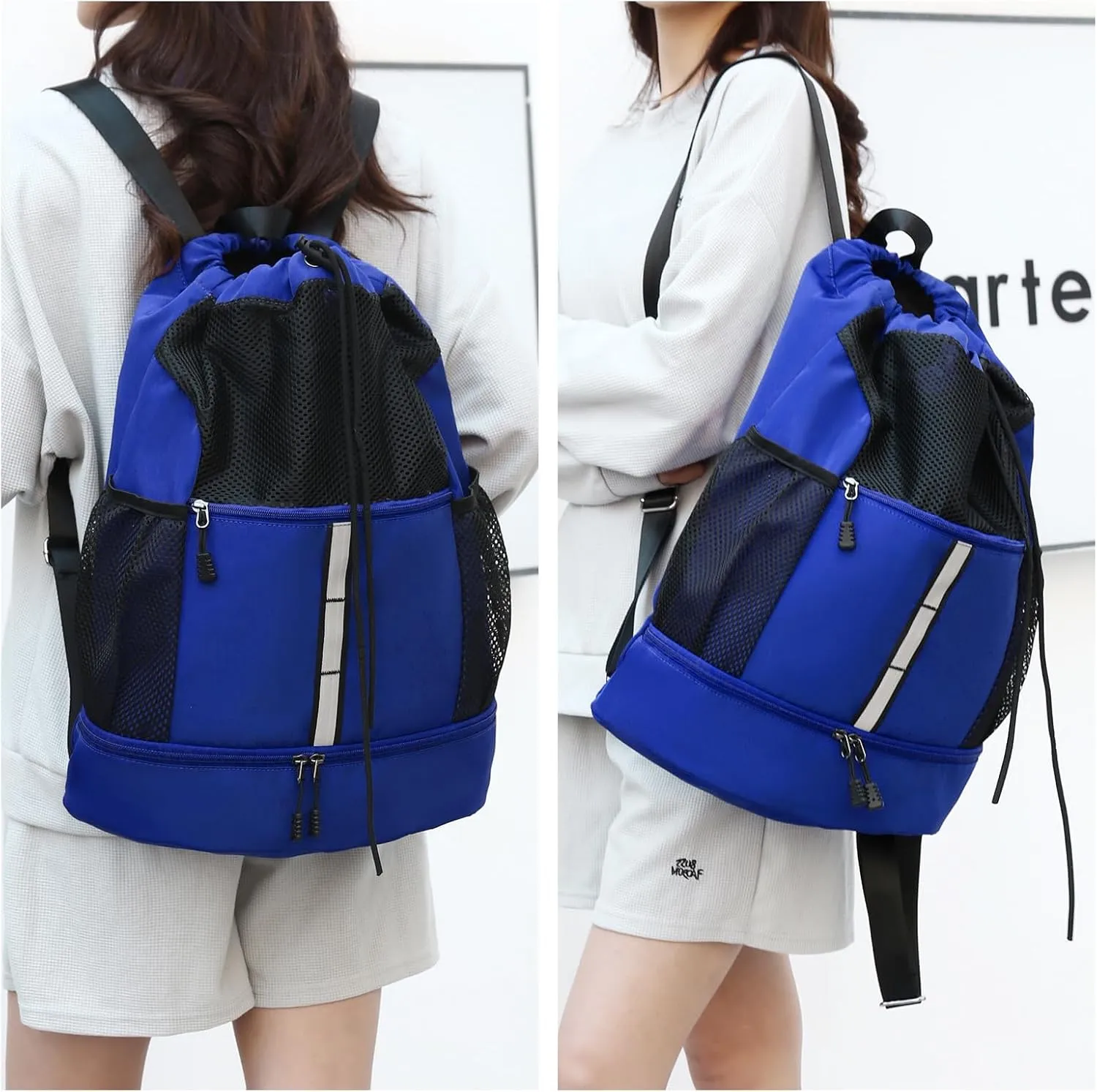 Valleycomfy Drawstring Gym Bag Sports Backpack With Shoe Compartment and Reflective Strips Royal Blue
