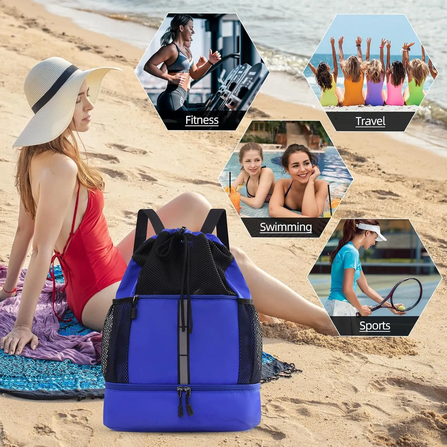 Valleycomfy Drawstring Gym Bag Sports Backpack With Shoe Compartment and Reflective Strips Royal Blue