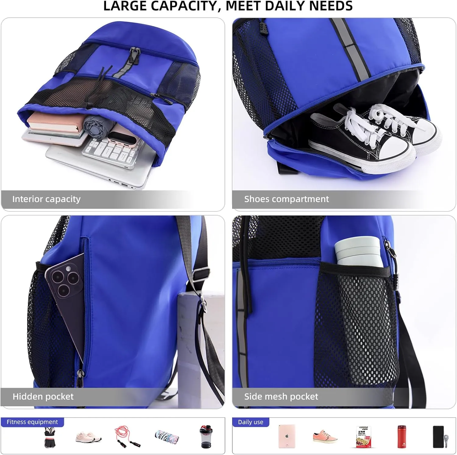 Valleycomfy Drawstring Gym Bag Sports Backpack With Shoe Compartment and Reflective Strips Royal Blue