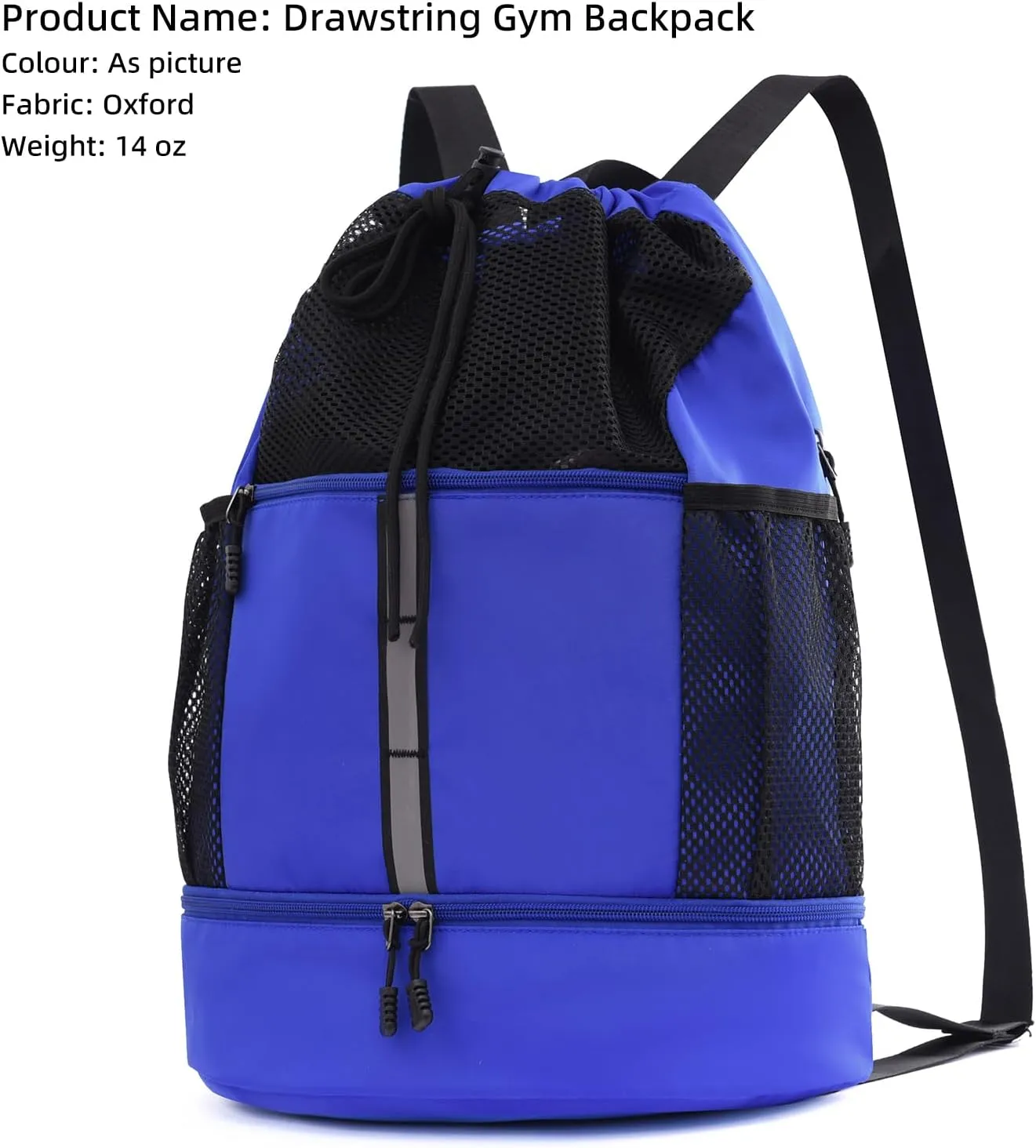 Valleycomfy Drawstring Gym Bag Sports Backpack With Shoe Compartment and Reflective Strips Royal Blue