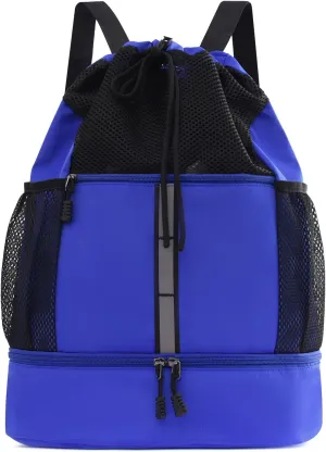 Valleycomfy Drawstring Gym Bag Sports Backpack With Shoe Compartment and Reflective Strips Royal Blue