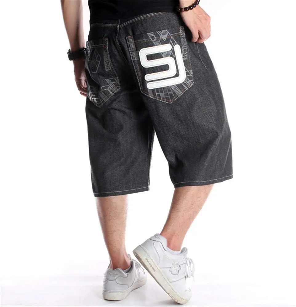 Veroders Men's Summer Shorts Baggy Hip Hop Black Jeans - Casual Straight Short Skateboard Pants Loose Jogging Jeans