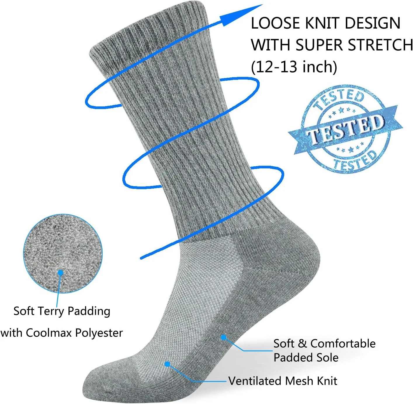 Well Knitting Loose Men's Diabetic Crew Socks,Non-Binding Top,Seamless Toe,Semi Cushion,Breathable Soft Coolmax Socks 4 Pairs
