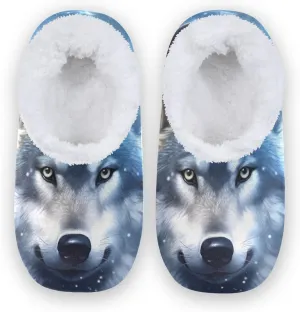 Wolf Snow Night House Slippers for Women Men Non-Slip Soft Sole Bed Slippers