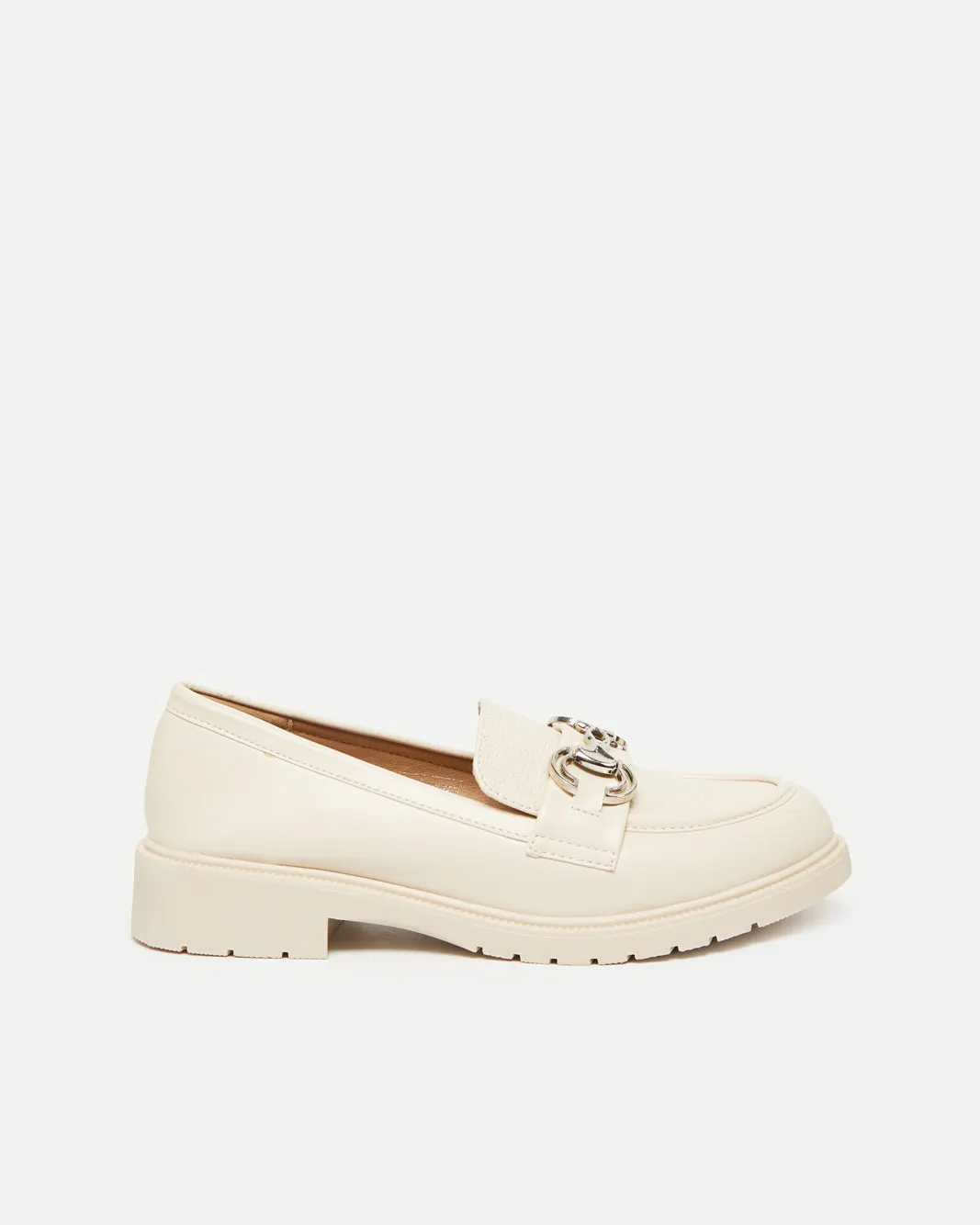 Women Beige Loafer With Buckle Trim