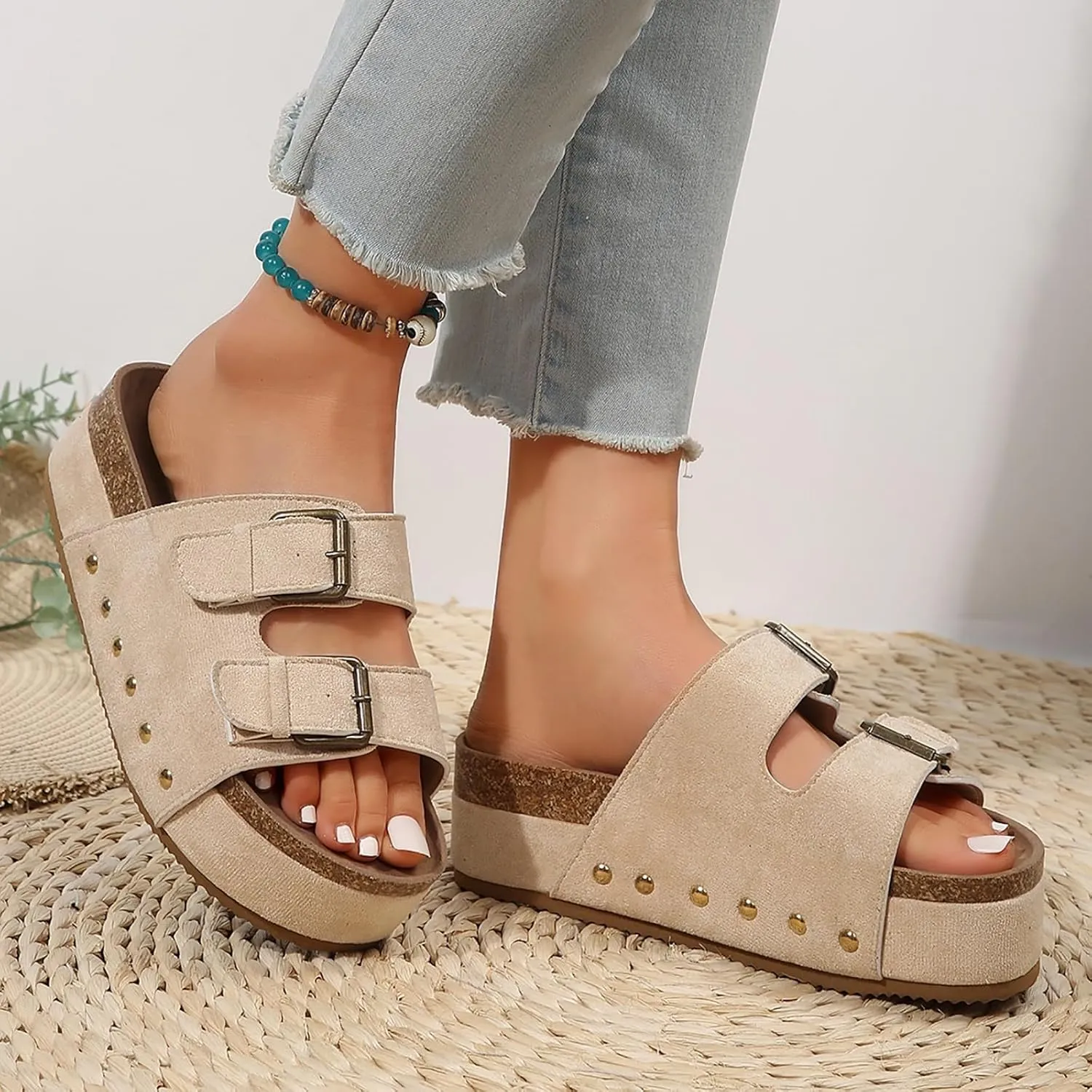 Women Comfortable Wedge Platform Cork Sandals Cork Double Strap Sandals Women’s Summer Slide Comfortable Rhinestone Casual