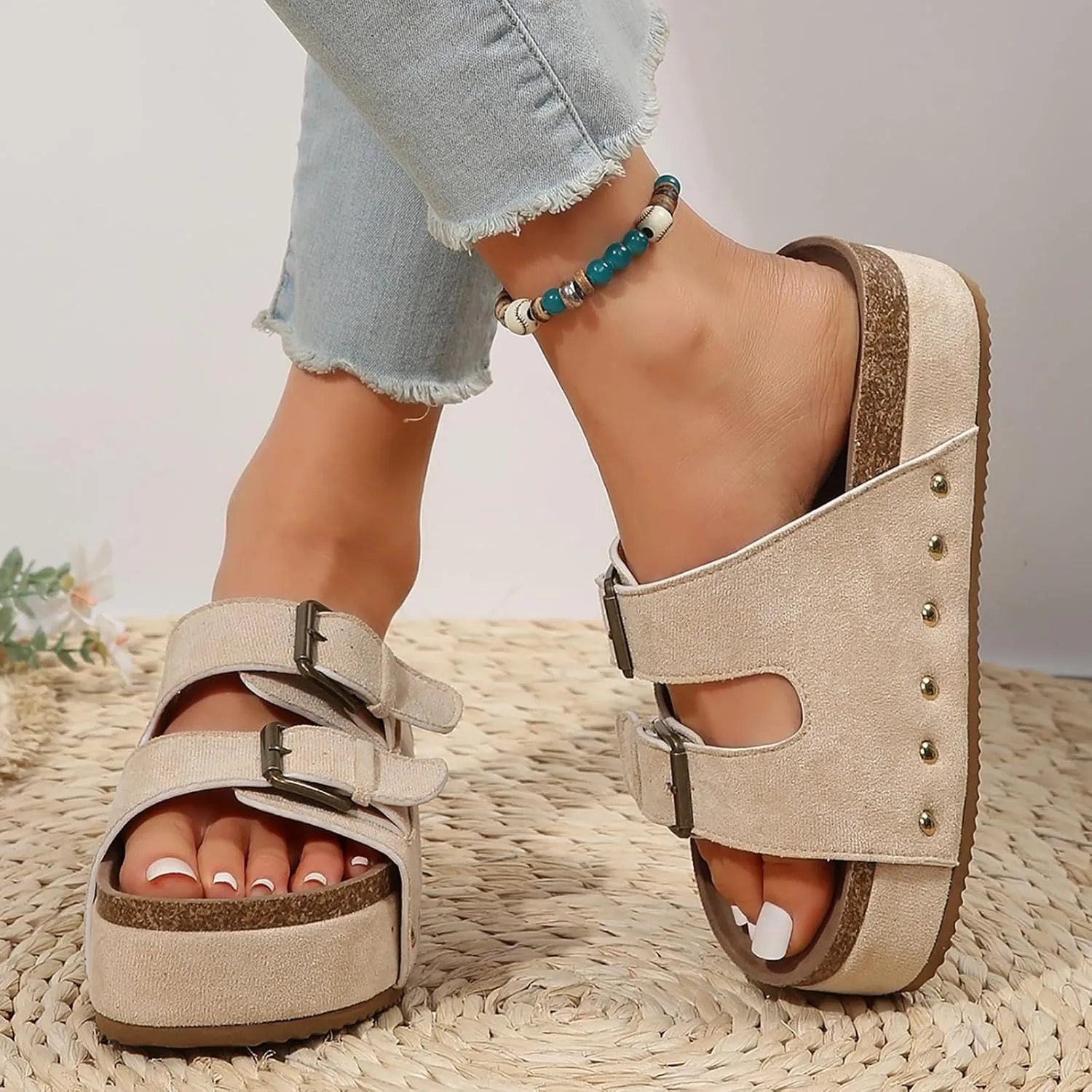 Women Comfortable Wedge Platform Cork Sandals Cork Double Strap Sandals Women’s Summer Slide Comfortable Rhinestone Casual