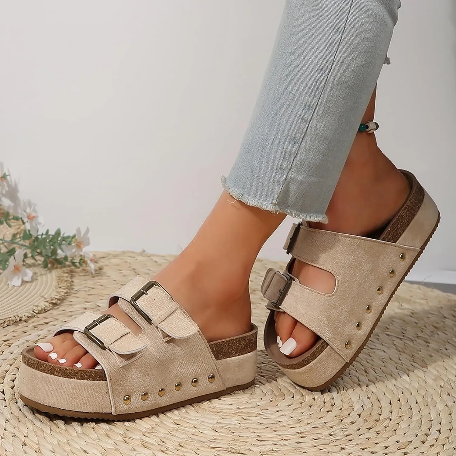 Women Comfortable Wedge Platform Cork Sandals Cork Double Strap Sandals Women’s Summer Slide Comfortable Rhinestone Casual