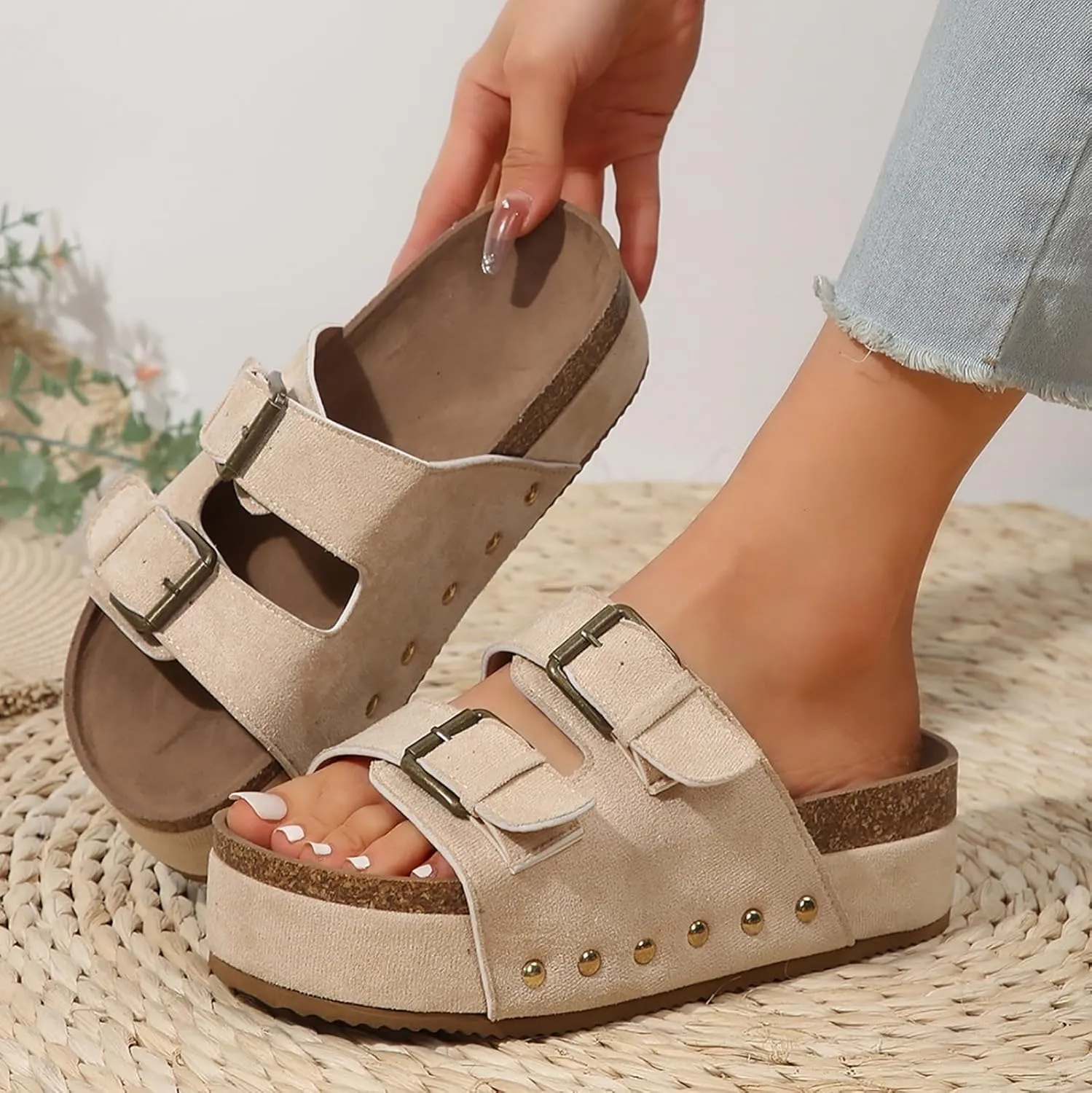 Women Comfortable Wedge Platform Cork Sandals Cork Double Strap Sandals Women’s Summer Slide Comfortable Rhinestone Casual
